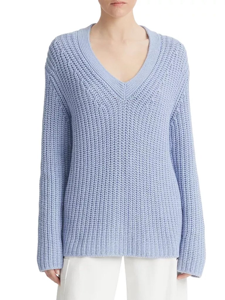 Vince Nwt Chunky Shaker V-Neck Sweater Blue Size L Wool Cashmere Blend